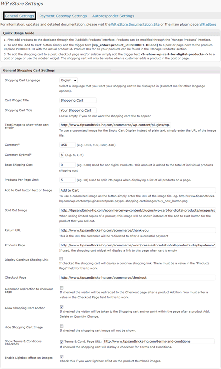 WP eStore General Settings Screen