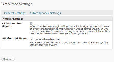AWeber Settings Menu