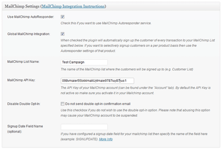 MailChimp Integration Settings Menu