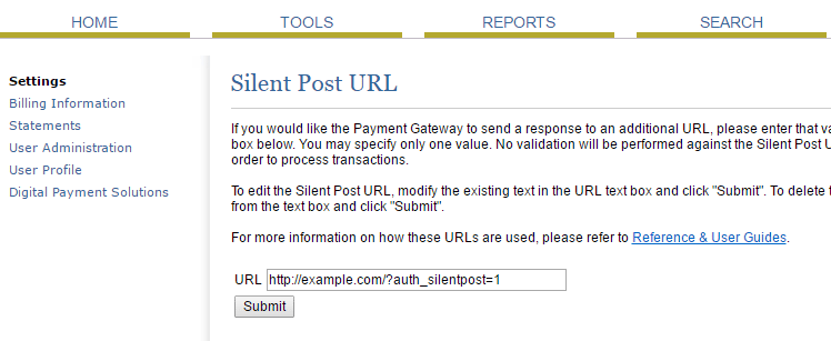 screenshot showing the silent post URL field in the authorize.net account