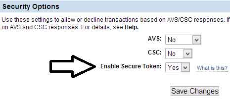 screenshot showing paypal manager security token settings