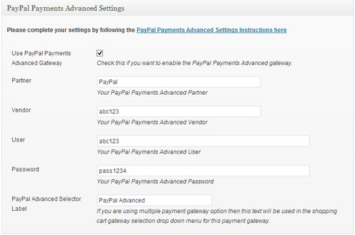 screenshot showing paypal payments advanced settings