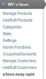 screenshot showing how to access eway rapid addon settings from the eStore menu