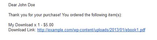 screenshot showing how download link is sent via email by wp shopping cart plugin