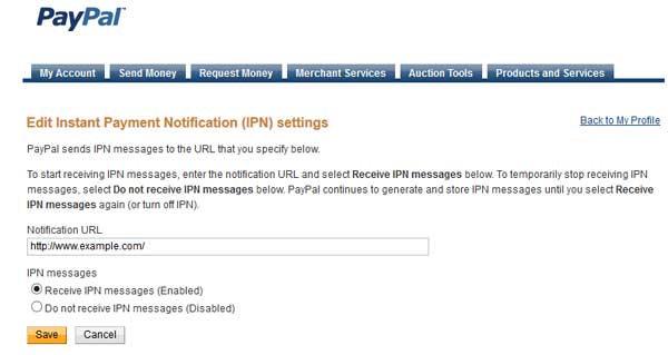 paypal ipn settings screenshot