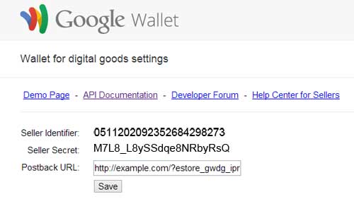 screenshot showing how to retrieve google wallet for digital goods api credentials