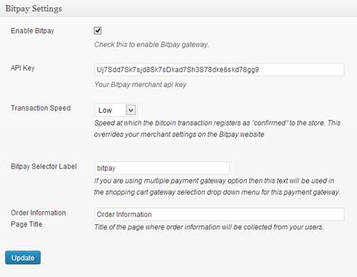 screenshot showing the settings menu for bitpay addon