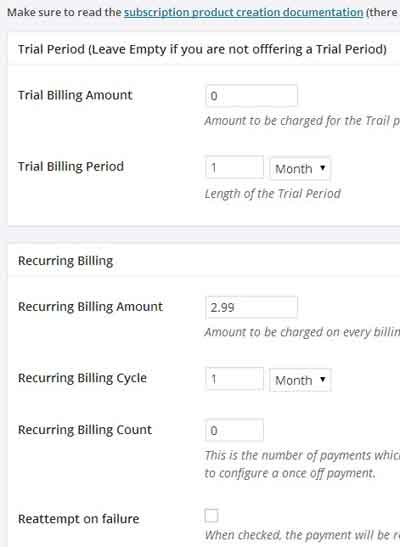 screenshot of eStore product configuration for stripe subscription