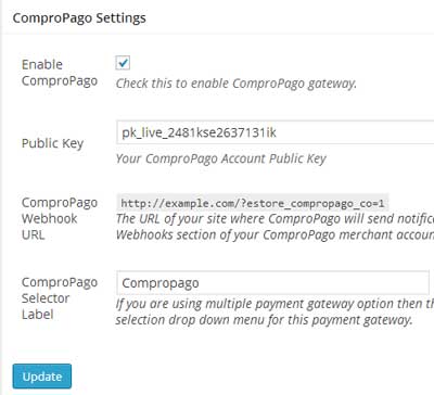 screenshot showing the settings menu for ComproPago addon