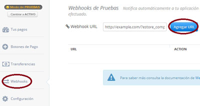 screenshot showing how to configure a webhook in your ComproPago merchant account