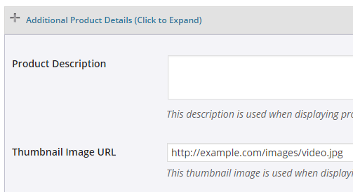 screenshot showing the thumbnail image url field of video product