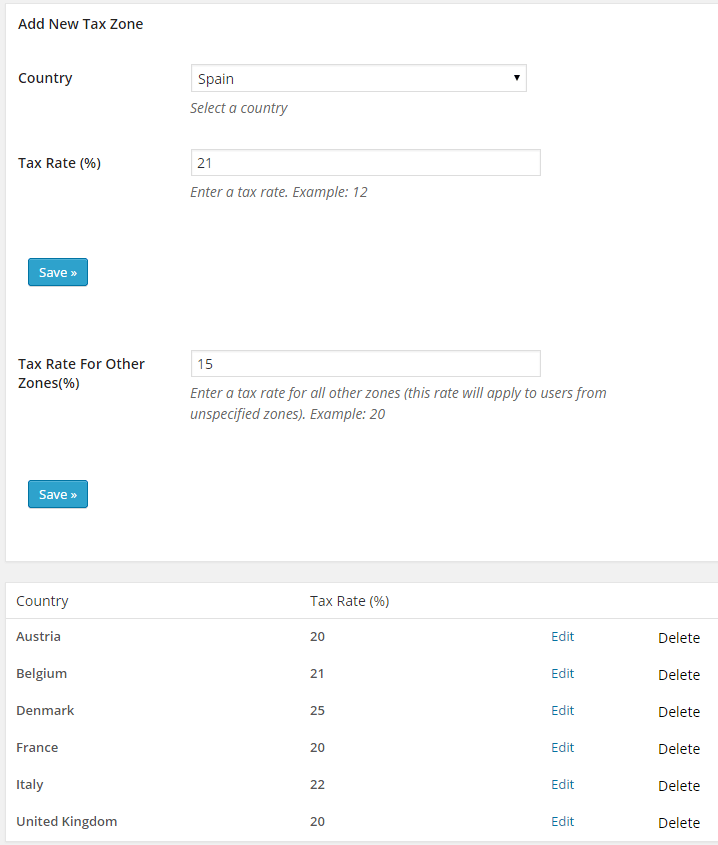 screenshot showing how to configure a table rate tax