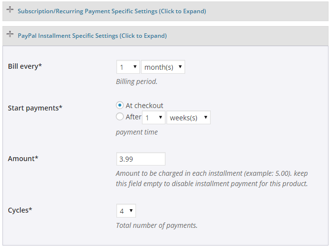 screenshot showing how to configure PayPal Installment specific settings in the WP eStore plugin