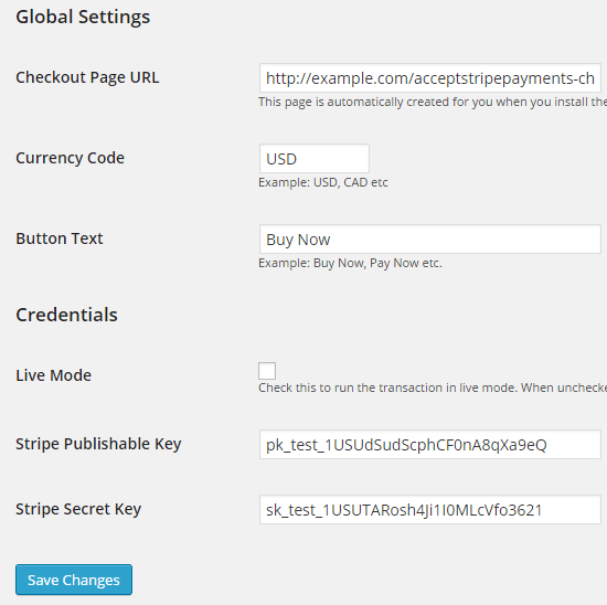 screenshot of stripe plugin settings in wordpress dashboard