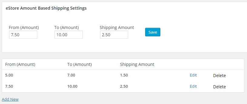 screenshot showing the amount based shipping settings in the estore plugin
