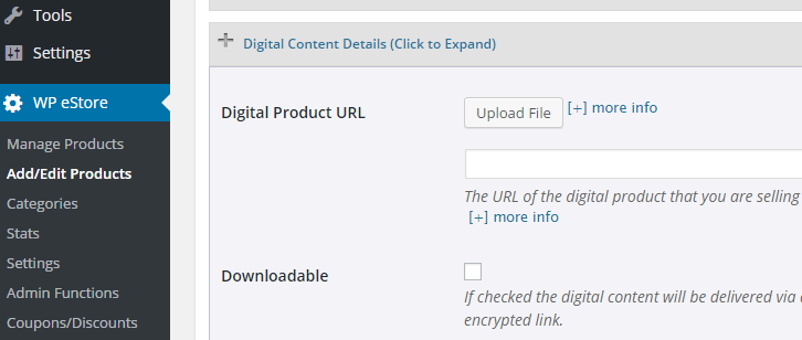 screenshot showing the digital content details section of estore plugin