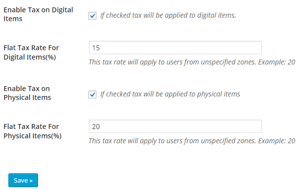 screenshot showing the default options of table rate tax by item types addon