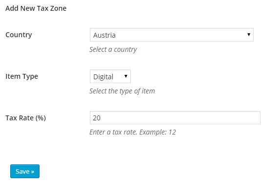 screenshot showing the settings of table rate tax by item types addon