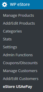 screenshot showing how to access the USAePay addon in the estore settings