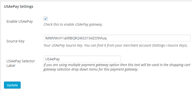 screenshot showing the settings menu for USAePay addon