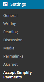 screenshot of simplify commerce plugin menu in wordpress