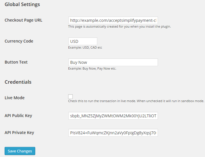 screenshot of simplify commerce plugin settings