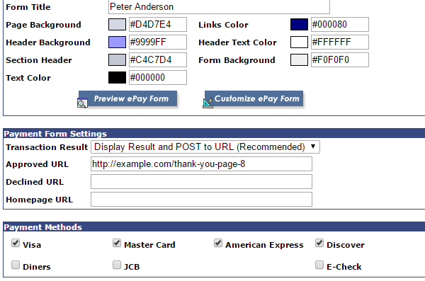 screenshot showing the payment form settings of USAePay gateway