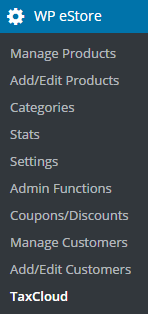 screenshot showing the eStore taxcloud integration addon menu