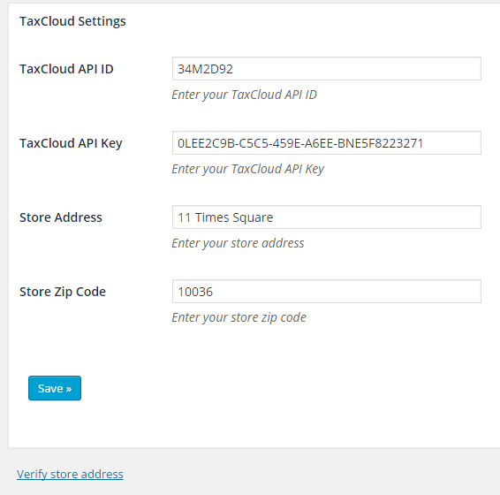 screenshot showing the eStore taxcloud addon settings menu