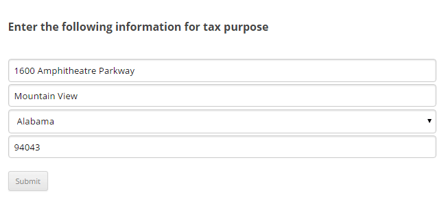 screenshot showing the taxcloud address collection during checkout