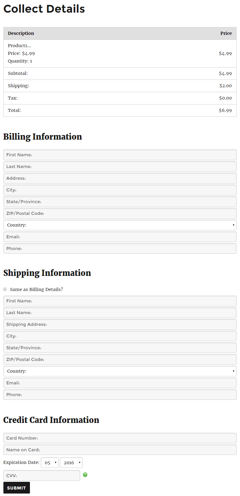 screenshot of payment gateway bundle collect details page