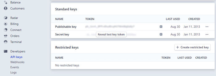 screenshot of stripe api keys menu