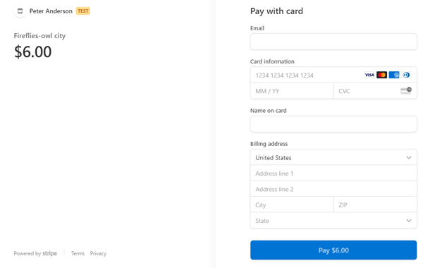 screenshot of Stripe checkout payment form