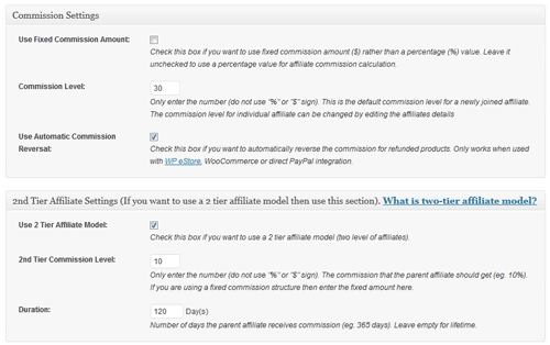 affiliate commission level settings