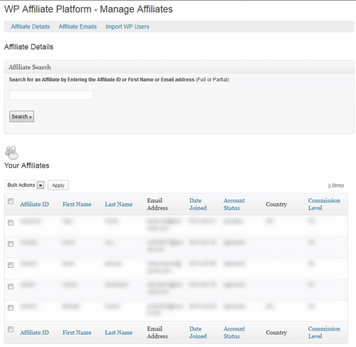 manage affilates menu