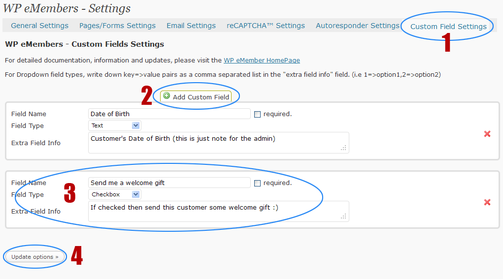 WP eMembers - Custom fields settings