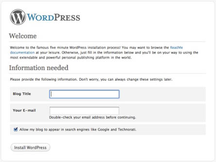 WordPress Blog Setup Screen