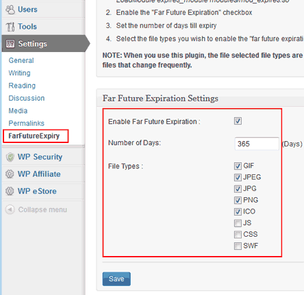 wordpress far future expiration plugin settings