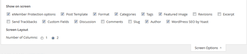 wordpress screen options menu